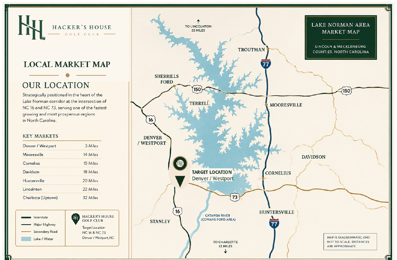 Diagrammatic Lake Norman area market map showing the target Denver and Westport location near NC 16 and NC 73, with nearby communities including Mooresville, Cornelius, Davidson, Huntersville, Stanley, and Lincolnton.